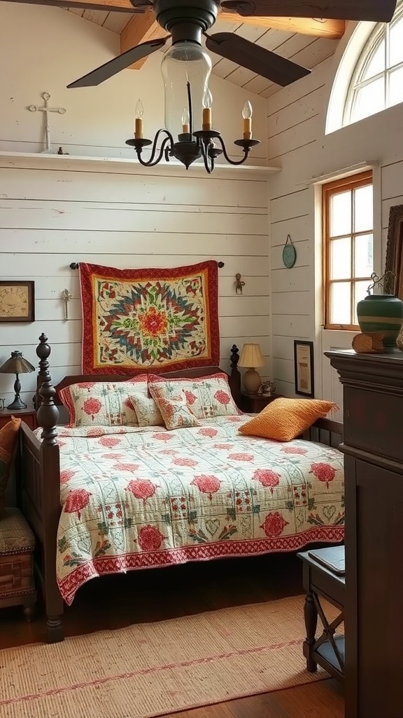 A rustic bedroom featuring a quilted bedspread, wooden furniture, and a vintage chandelier.
