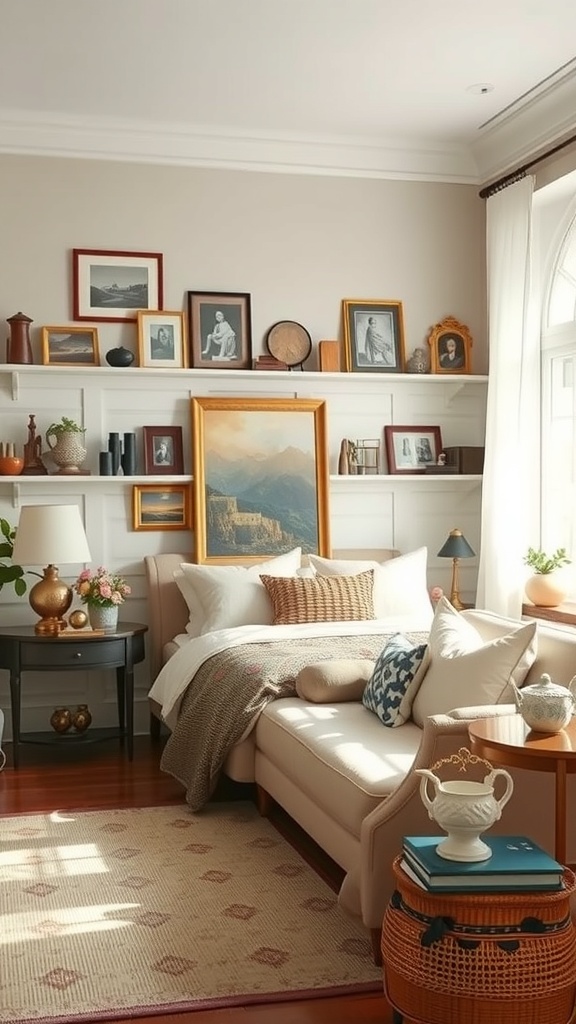 A cozy living room featuring family heirlooms and framed photographs on shelves.