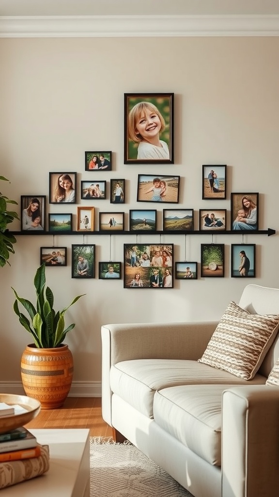 A family photo wall featuring a variety of framed pictures, showcasing joyful moments and milestones.