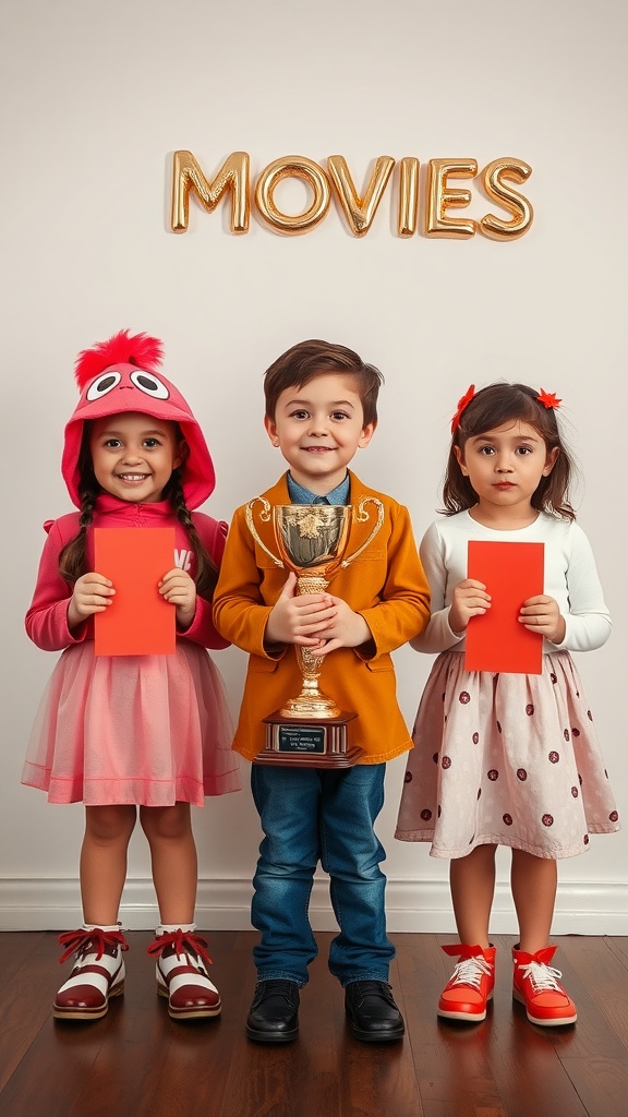 Three kids holding red cards and a trophy in front of a wall with 'MOVIES' written in gold.