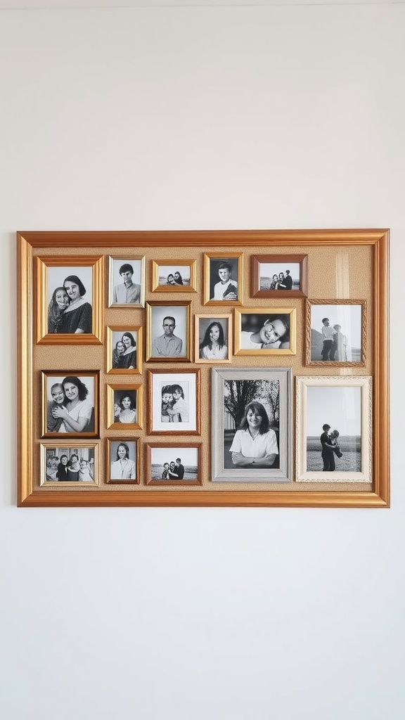 A family photo gallery with various black-and-white images in golden and silver frames.