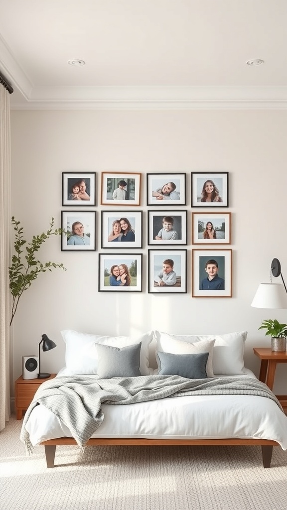 A family photo gallery wall with various framed pictures in a living room setting.