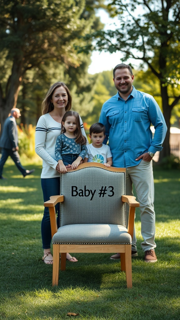 Family portrait with parents and two children standing beside a chair labeled 'Baby #3' in a grassy area.