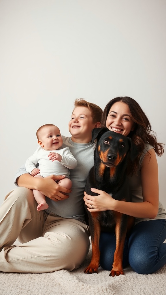 A family portrait featuring a mother, older sibling, and a baby with a pet dog in a cozy setting