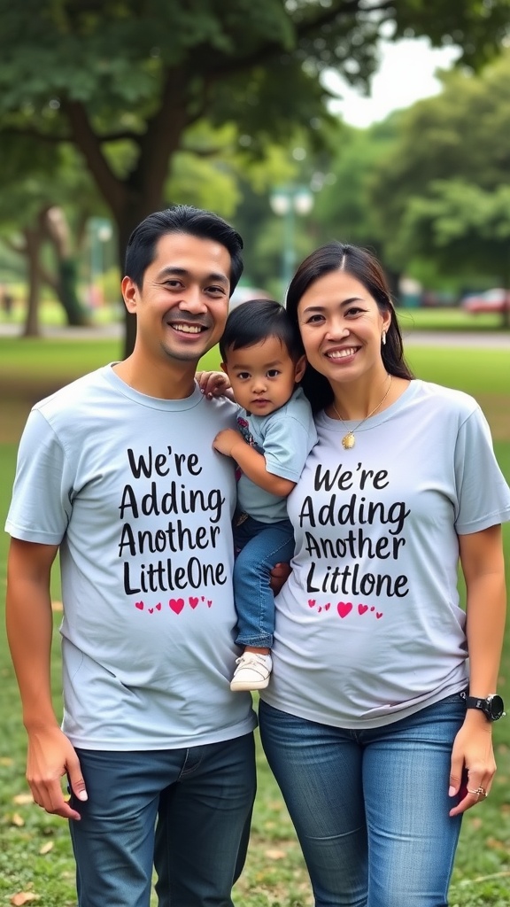 A family of three wearing matching shirts that say 'We're Adding Another Little One' with a happy expression.