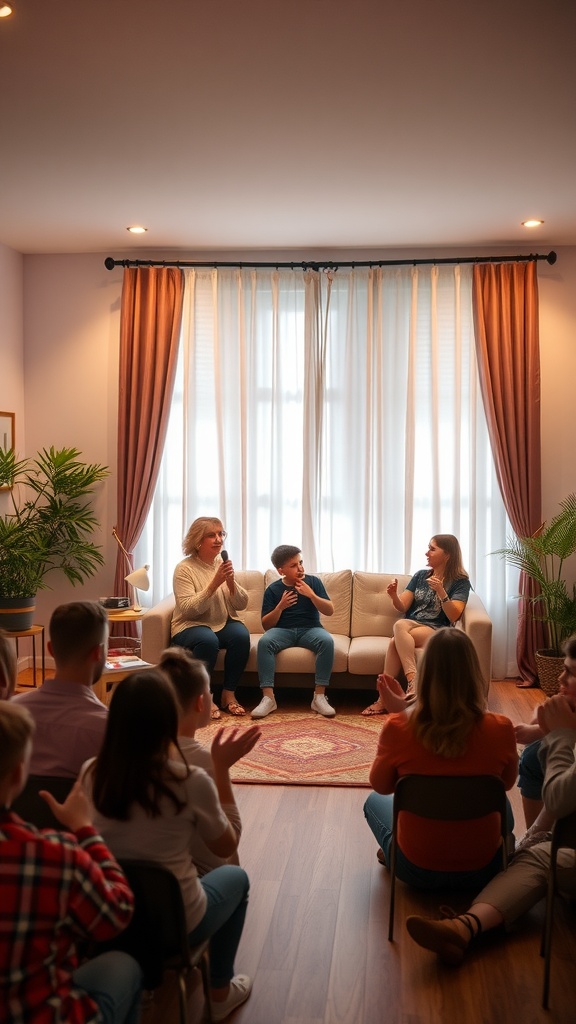 Family talent show in a cozy living room with audience clapping and performers on a couch