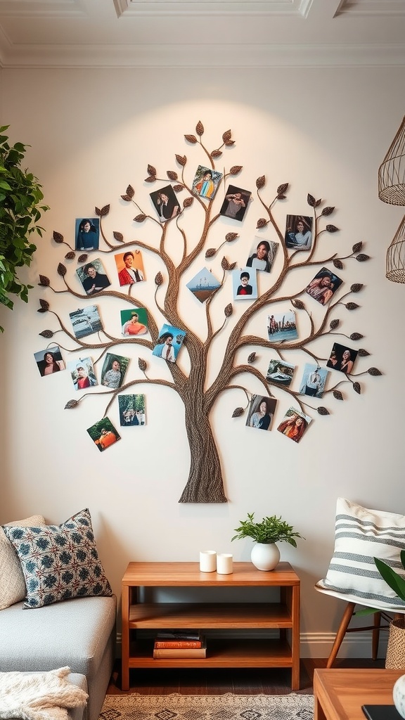 A family tree wall art display with framed photos of family members arranged on a tree structure.