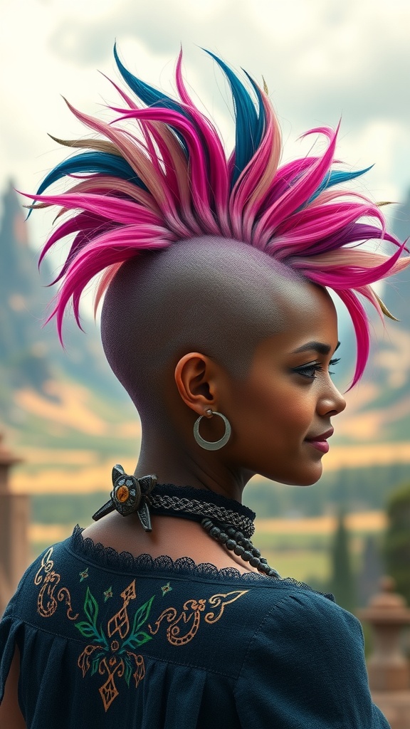 A person with a vibrant fantasy-inspired mohawk hairstyle featuring pink and blue spikes, showcasing a bold and creative look.