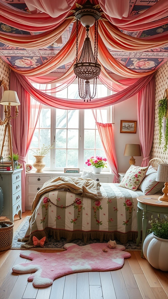 A cozy fantasy-themed bedroom with pink drapery, a floral quilt, and playful decor.