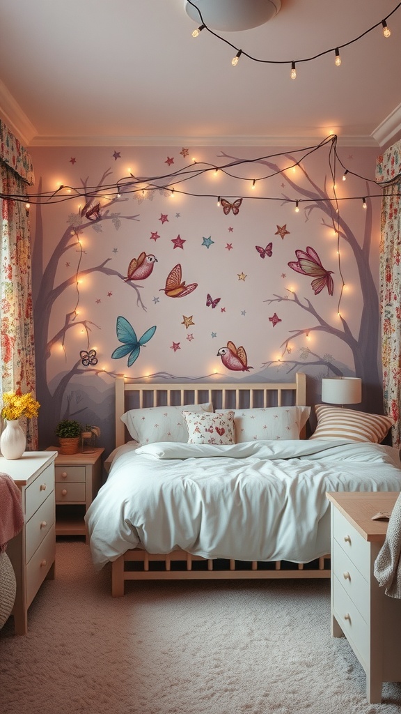 A cozy teen bedroom with whimsical wall art, butterfly decorations, and soft lighting.
