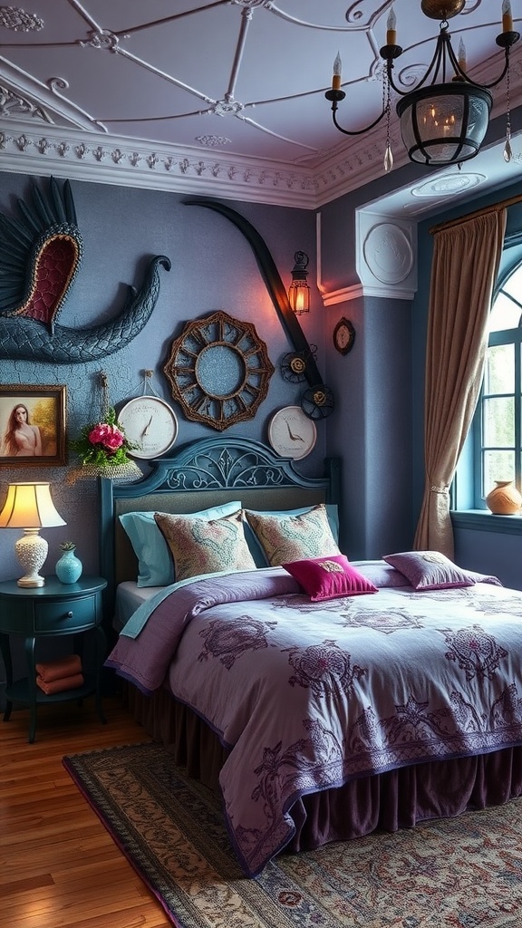 A cozy bedroom decorated with fantasy and mythology elements, featuring a unique winged sculpture on the wall and a soft purple quilt on the bed.