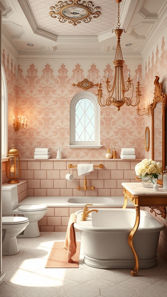 A luxurious bathroom featuring pink wallpaper, golden fixtures, a freestanding bathtub, and elegant decor.