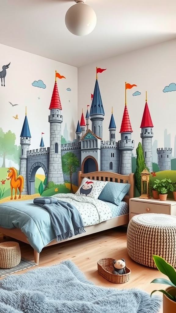 A toddler boy's bedroom with a castle-themed mural, soft blue bedding, and playful decor.