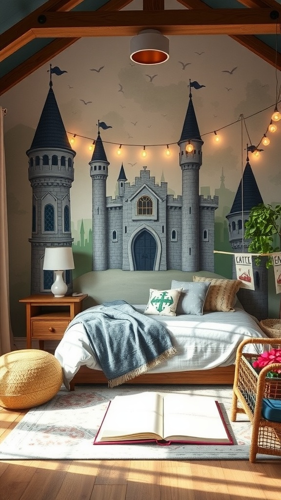 A cozy boys' bedroom with a fantasy castle mural, soft lighting, and playful decor.