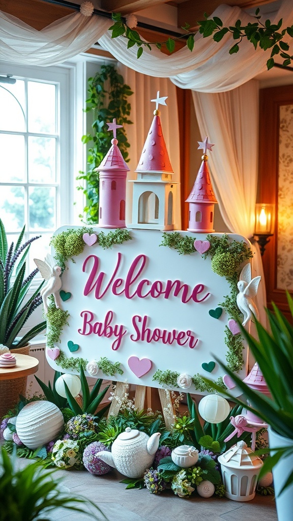 A decorative baby shower welcome sign featuring fairy tale castle towers, surrounded by greenery and floral arrangements.