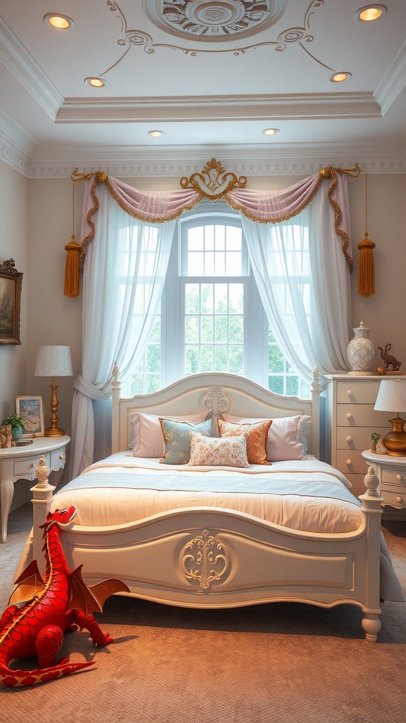 A beautifully decorated bedroom with a classic bed, colorful pillows, and a red dragon plushie, creating a fantasy kingdom theme.