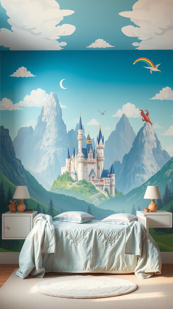 A beautiful fantasy landscape mural featuring a castle, mountains, and a rainbow in a bedroom setting.