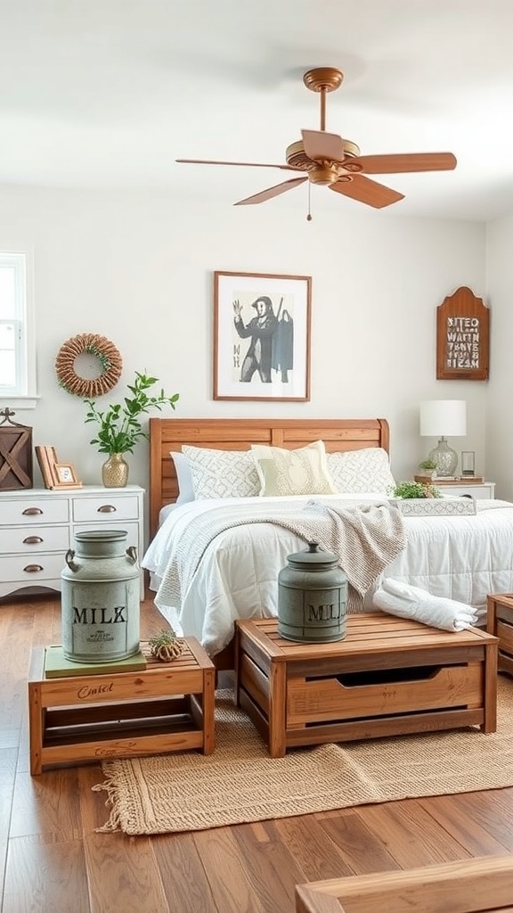A cozy farmhouse living room with wooden furniture, vintage milk cans, and a soft throw.