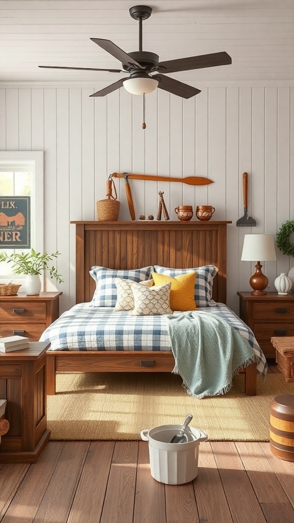 A cozy farmhouse bedroom featuring a wooden bed, plaid bedding, rustic accessories, and a warm atmosphere.