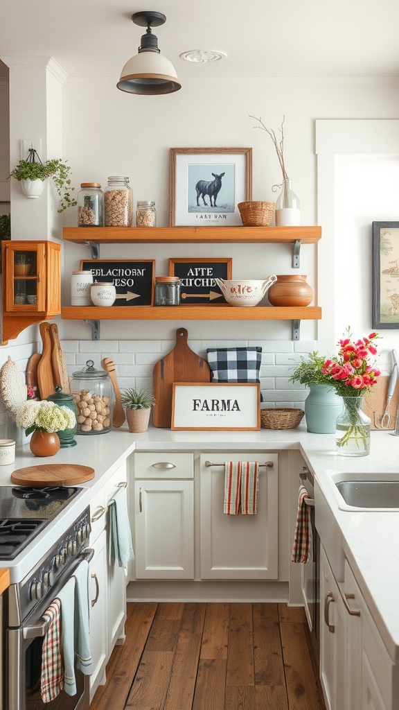 Cozy farmhouse kitchen with open shelving, rustic decor, and warm wood tones.