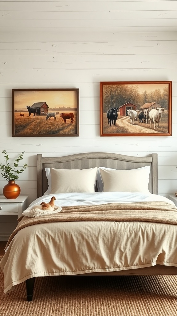 A cozy farmhouse bedroom featuring two framed farm-themed paintings on the wall, depicting cows and barns.