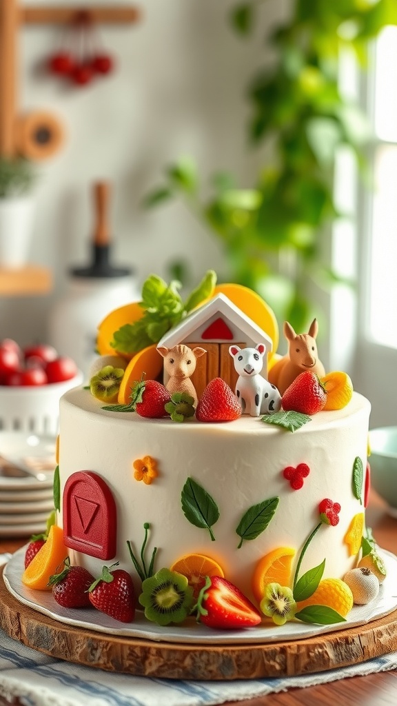 A beautifully decorated farm-themed cake featuring edible animal figures and fresh fruit decorations, set against a cozy kitchen backdrop.
