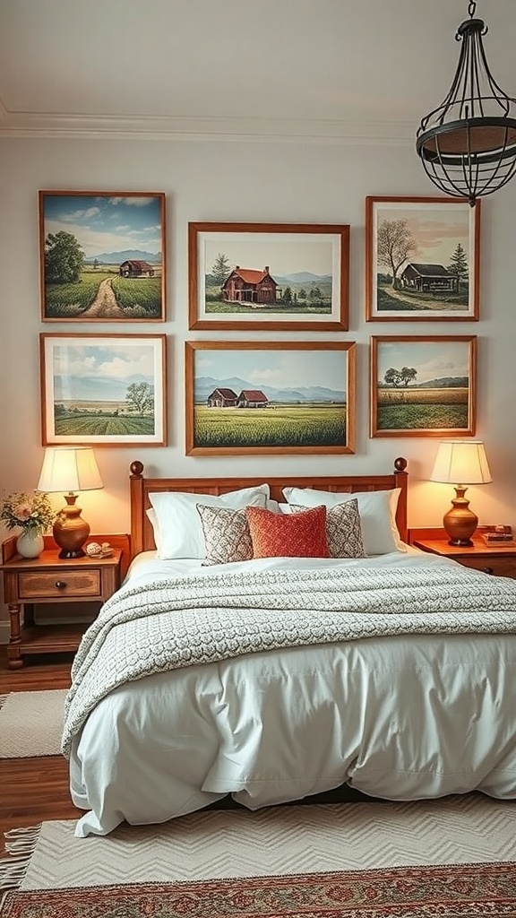 A cozy farmhouse bedroom with framed landscape artwork on the wall, a bed with white bedding, and warm wooden furniture.