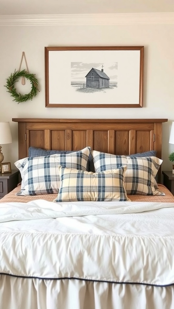 Cozy farmhouse bedroom with plaid bedding and wooden headboard