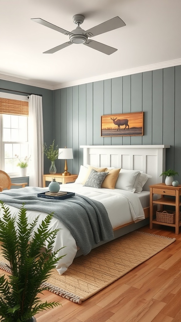 A cozy farmhouse bedroom featuring a blue-gray color palette, natural wood furniture, and soft textiles.
