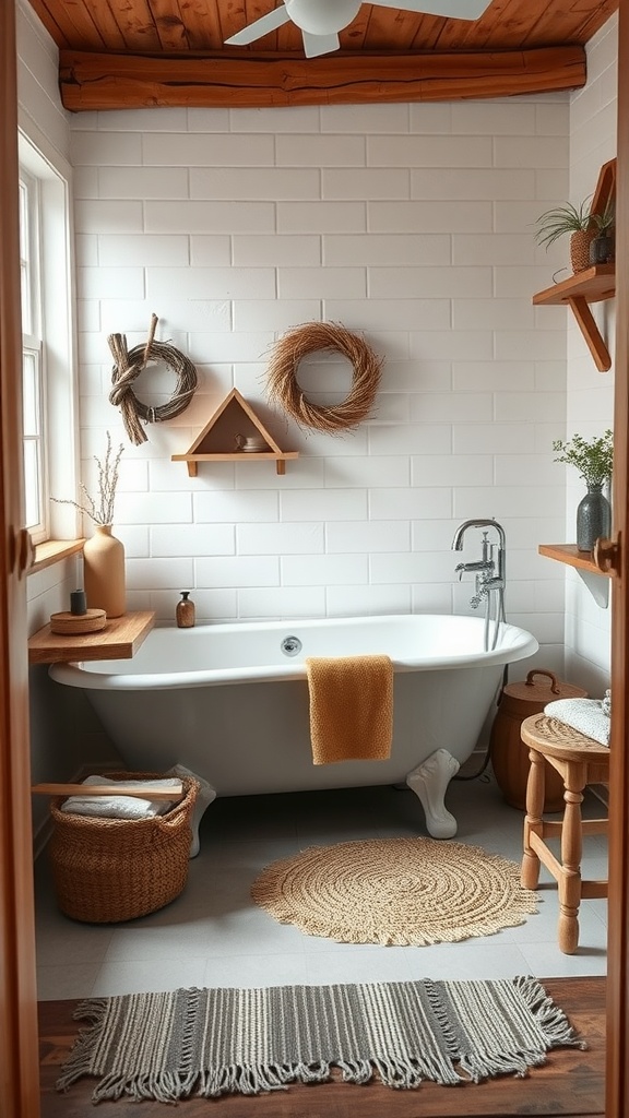 A cozy farmhouse-style bathroom featuring a white bathtub, wooden ceiling, and natural decor.