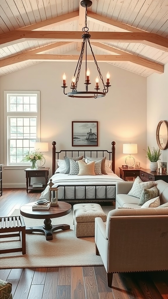 A cozy farmhouse living room featuring a chandelier, wooden beams, and warm lighting.