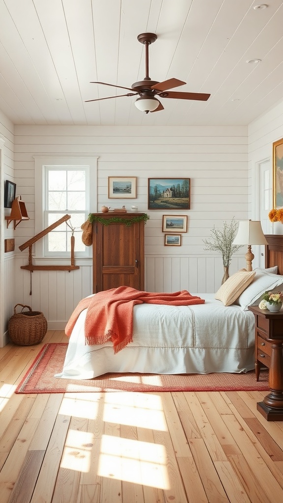 A cozy farmhouse-style bedroom with white shiplap walls and warm wood furniture.