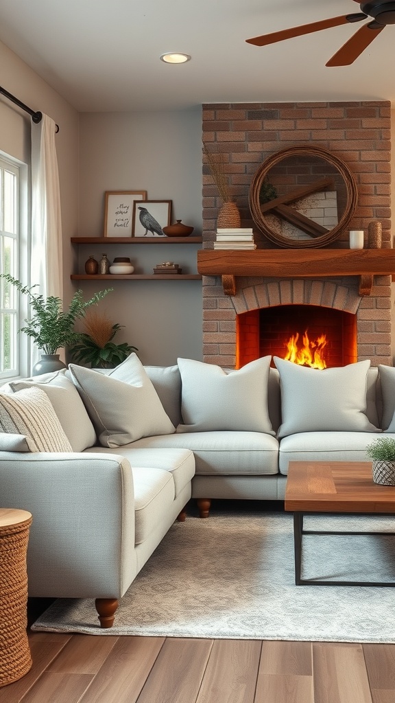 A cozy living room featuring a light grey couch, a brick fireplace, and rustic decor.