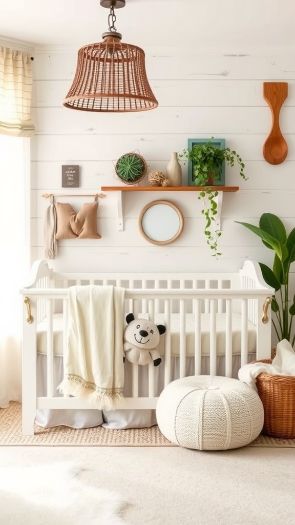 A charming nursery for a baby boy featuring a white crib, a woven lamp, and greenery decor.