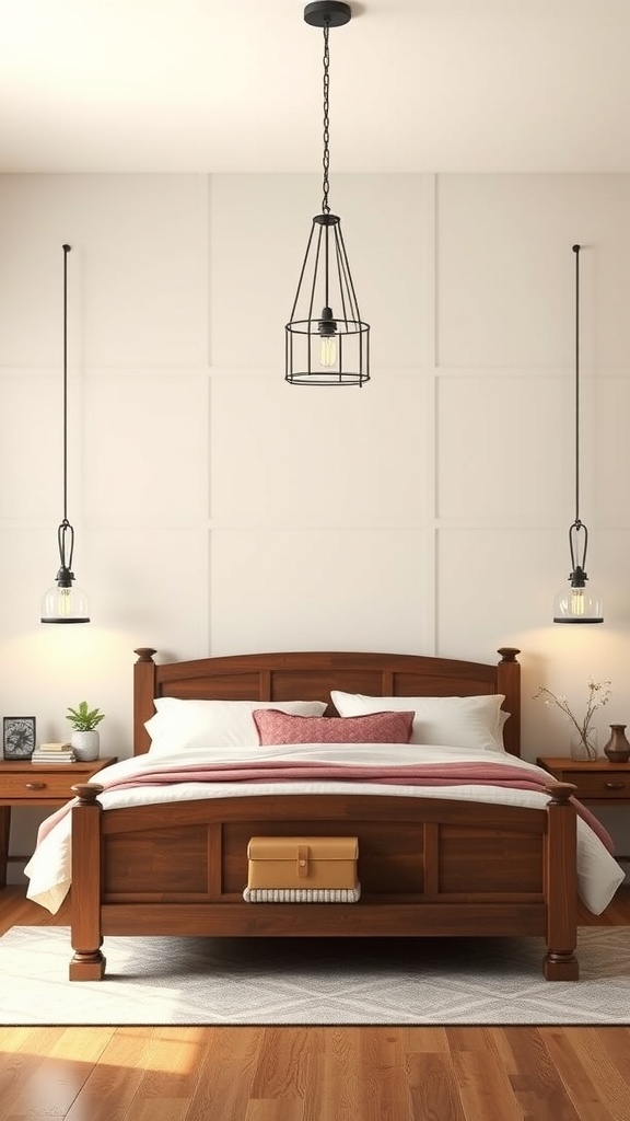 A cozy farmhouse bedroom with wooden furniture and black pendant lights.