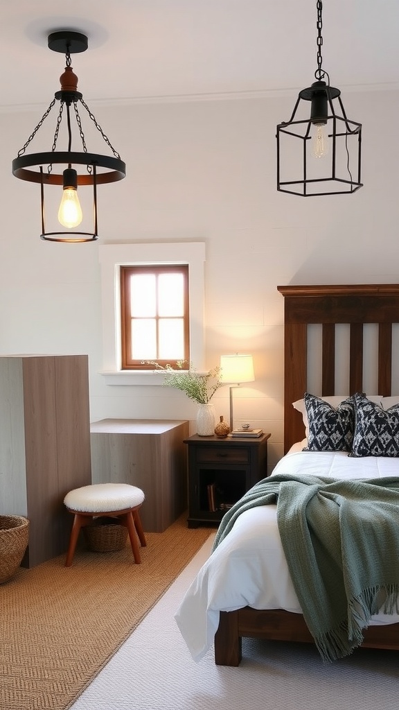 Farmhouse bedroom featuring chic lighting fixtures with a pendant light and geometric light design.