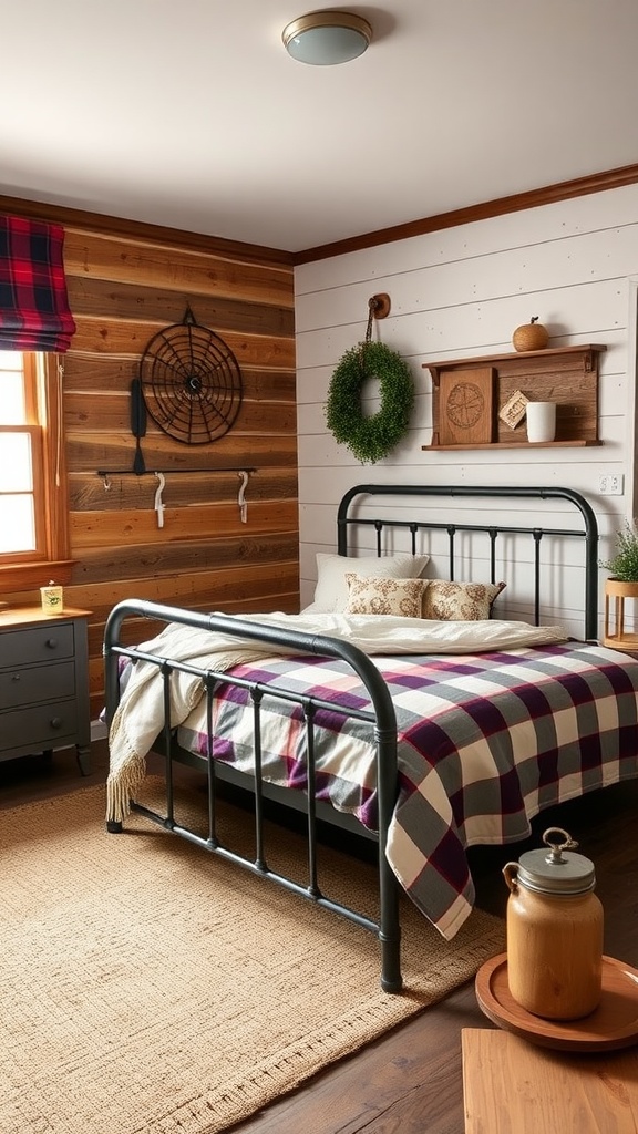 A rustic bedroom featuring a metal bed frame, checkered blanket, wooden accents, and cozy decor.