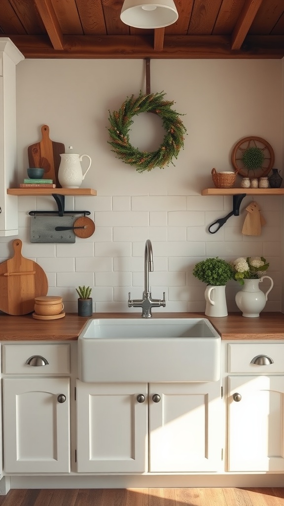A white farmhouse sink with a wooden countertop, surrounded by decorative items and plants.