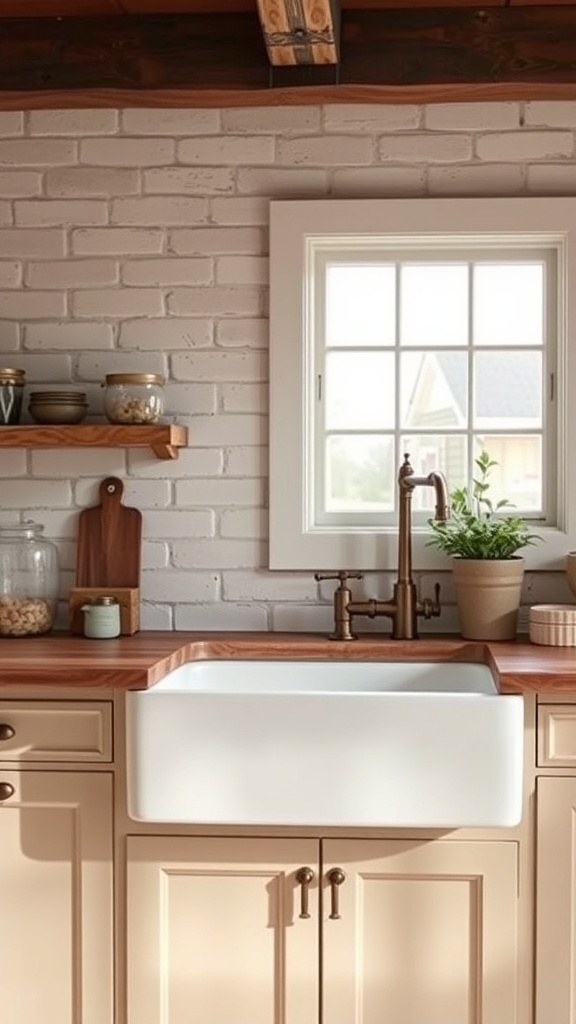 A cozy kitchen featuring a farmhouse sink, wooden countertop, and soft brick walls.