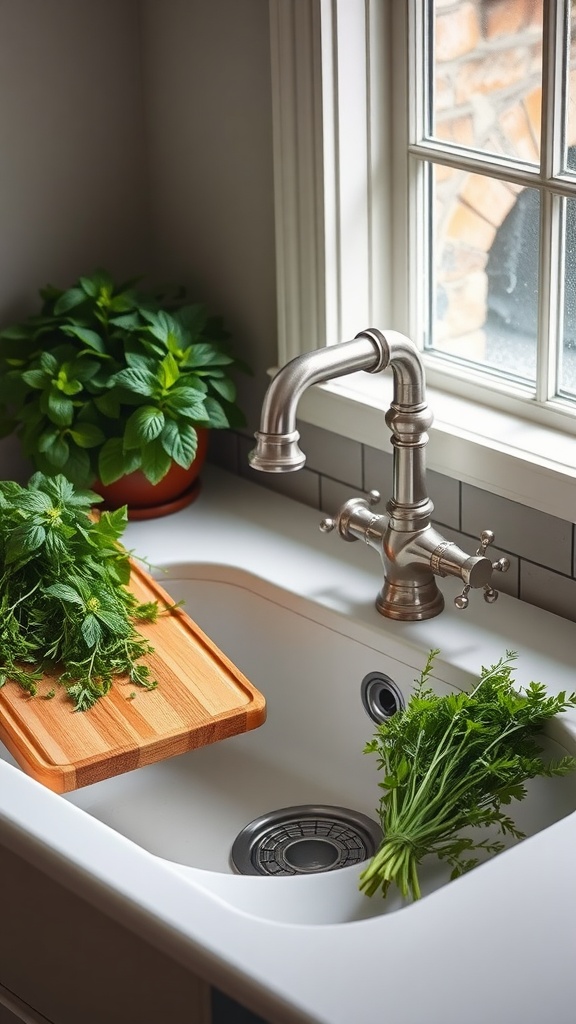 A farmhouse sink with fresh herbs and a wooden cutting board