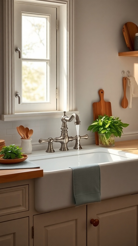 A farmhouse sink with a vintage faucet, surrounded by fresh herbs and wooden kitchen utensils.