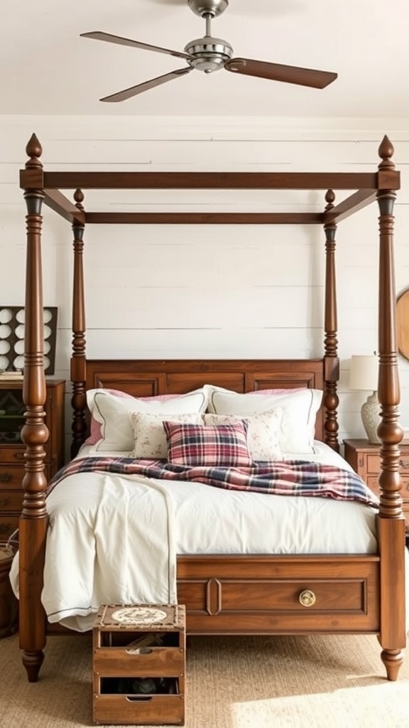 A cozy farmhouse style bedroom featuring a wooden four-poster bed with a plaid throw and soft pillows.
