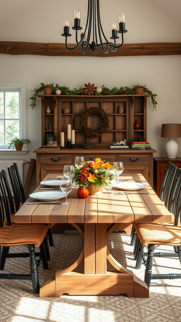 Farmhouse style dining table with a floral centerpiece, surrounded by black chairs and a wooden sideboard.
