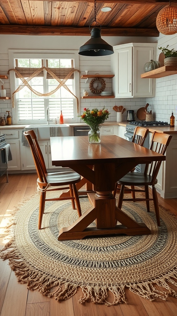 A round jute rug under a wooden table in a farmhouse-style kitchen