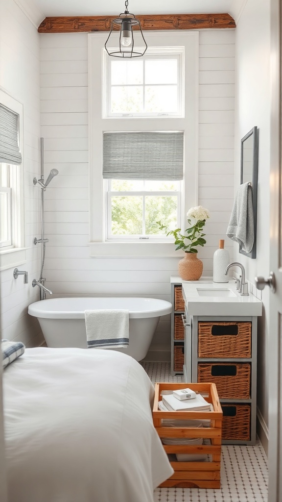 A cozy farmhouse bathroom featuring a freestanding tub, wooden storage, and natural light.