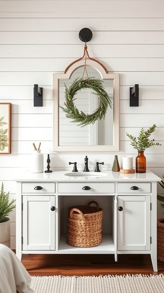 Farmhouse style bathroom vanity with shiplap walls, featuring a white vanity, round mirror, and decorative plants.