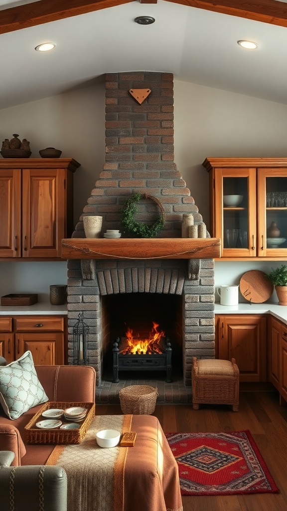 Cozy farmhouse kitchen with a brick chimney and fireplace, wooden cabinets, and warm decor.