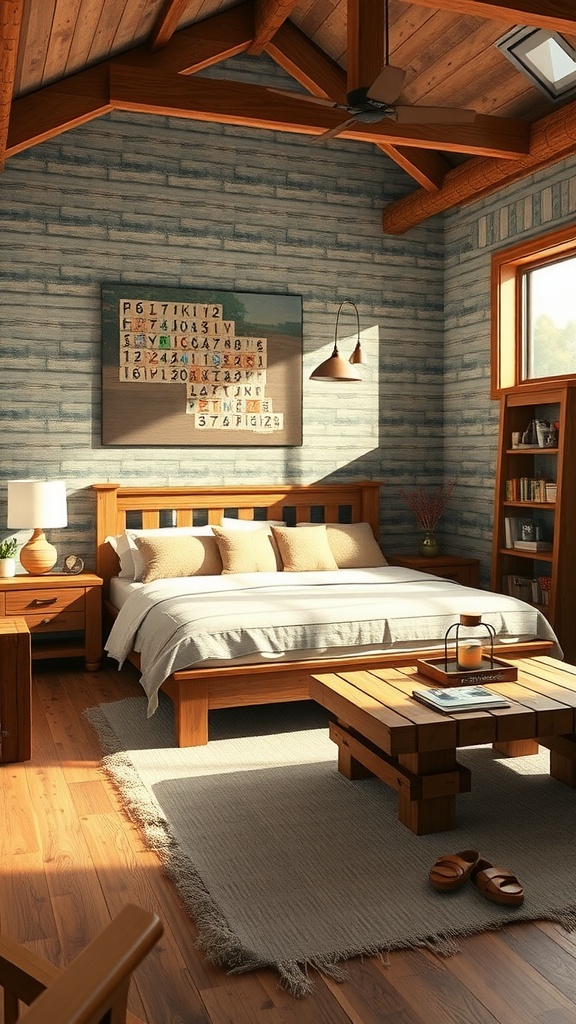 A cozy farmhouse-style bedroom in Minecraft featuring wooden furniture, soft bedding, and natural light.