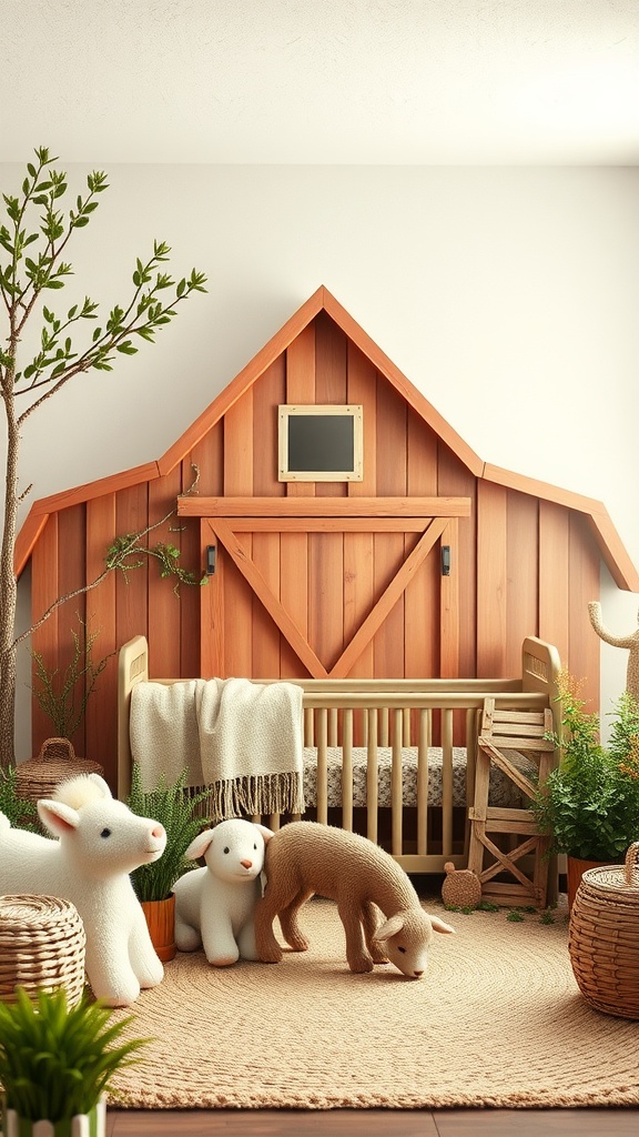 A cozy nursery with a farmyard theme featuring a wooden barn backdrop, plush farm animal toys, and natural decor.