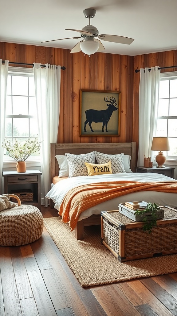 Cozy bedroom with warm wooden walls, a bed adorned with an orange blanket and animal-themed decor, featuring rustic storage options.